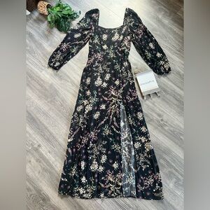 Lovestitch Back Smock High Slit Black Floral Long Sleeve Prairie Cottage Dress M